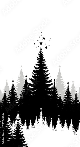 A striking monochrome illustration captures a serene winter forest scene, featuring stylized Christmas trees with a radiant star topping the tallest, perfect for holiday designs.