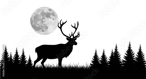 A majestic deer silhouette stands proudly against a luminous full moon, framed by a serene pine forest, evoking a magical winter night.