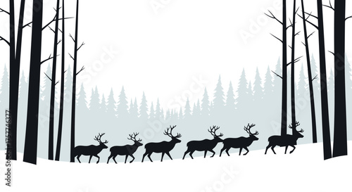 A majestic line of silhouetted reindeer gracefully traverses a serene, snow-covered winter forest, evoking the peaceful spirit of the holiday season.