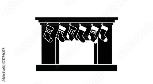 A charming black and white vector illustration depicts a cozy fireplace adorned with multiple hanging Christmas stockings, symbolizing holiday cheer and festive traditions.