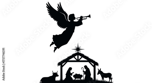 An elegant silhouette portrays the sacred Christmas nativity, with an angel blowing a trumpet above Mary, Joseph, and baby Jesus in their humble stable.