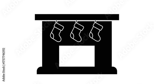 A minimalist black and white icon depicts a cozy fireplace mantel adorned with three festive Christmas stockings, symbolizing holiday cheer and winter traditions.