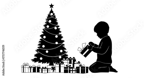 A joyful silhouette depicts a young child eagerly unwrapping a festive present beside a beautifully decorated Christmas tree, surrounded by many holiday gifts.