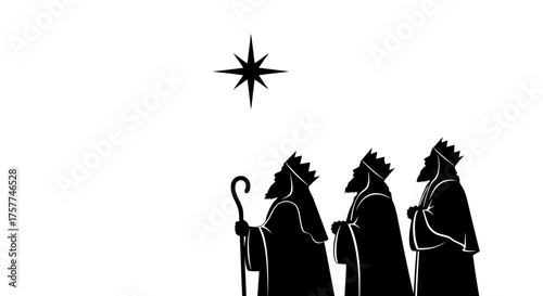 Three wise kings follow a guiding star across a stark white background, symbolizing the Epiphany and the Christmas story.