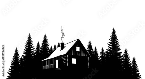 A charming isolated log cabin, emitting warm smoke from its chimney, stands peacefully amidst a dense evergreen forest, perfect for winter holiday themes.