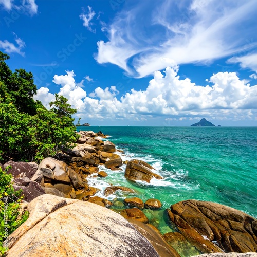 Coastal scene, lush green vegetation, rocky shore, turquoise waters and blue sky