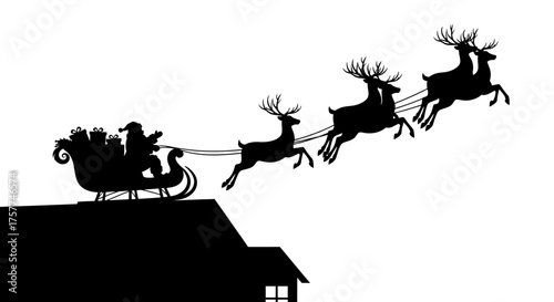 A classic silhouette captures Santa Claus in his sleigh, pulled by flying reindeer, soaring over a festive rooftop on Christmas Eve.