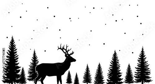 A majestic deer silhouette stands peacefully amidst a serene winter forest with gently falling snow, evoking a tranquil and festive holiday atmosphere.