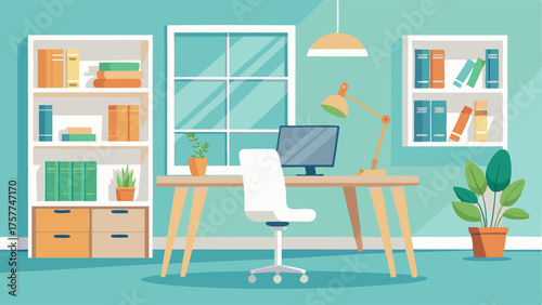A bright and airy home office with a light wood desk white shelving and a comfortable chair.