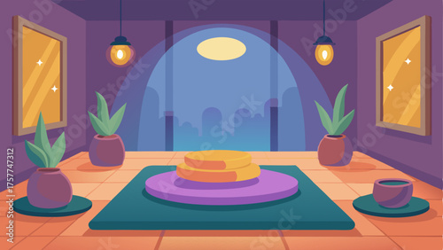 A calming meditation room with soft lighting and comfortable mats for artists to relax and clear their minds.