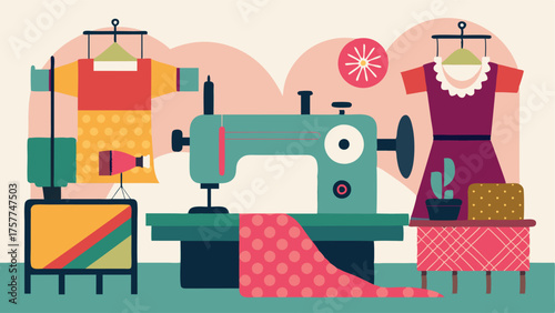 A designated area for sewing equipped with sewing machines and fabric of all colors and patterns.