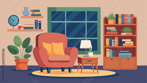 A cozy corner with a plush armchair woolen rug and a floortoceiling bookshelf filled with books and potted plants.