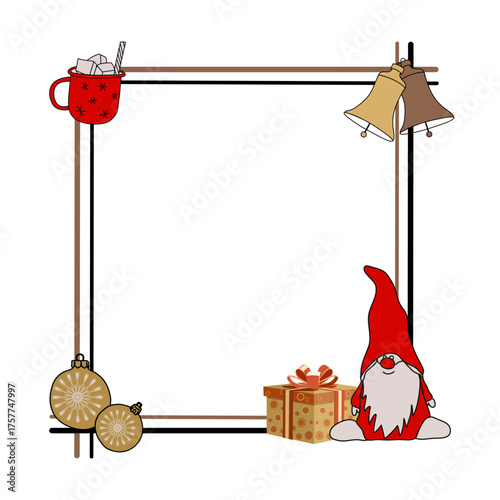 Holiday frame with mug, gnome, bells and Christmas decorations vector illustration 