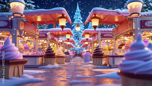AI-generated image of a 3D Animation style of an Ice cream winter wonderland market Plaza