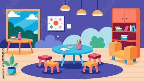 A cozy and inviting space with low tables and chairs for children to work on puzzles and activities.