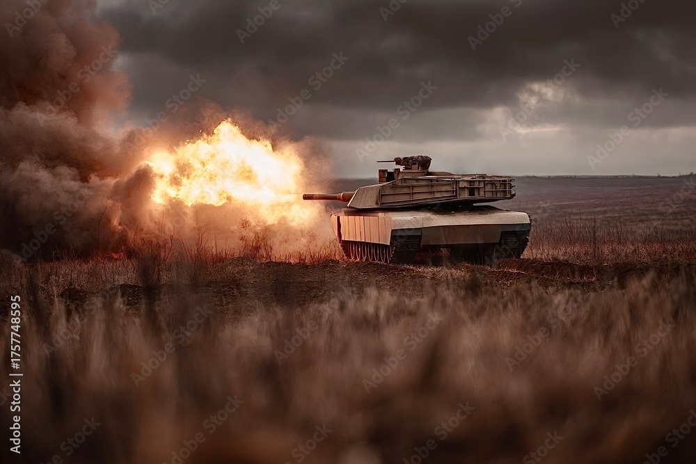 Fototapeta premium M1 abrams main battle tank firing main gun