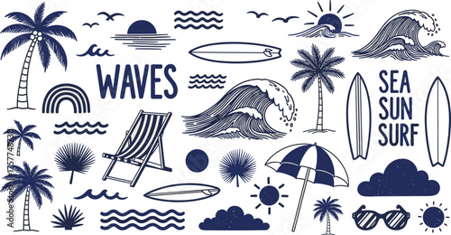 Hand-drawn vintage vector elements for summer beach and ocean designs. Features surf waves, palm trees, sun, surfboards, beach chairs, sunglasses, and vacation graphics