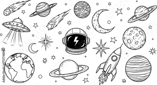 Line Art Space Elements Planets, Stars, Spaceship, and Celestial Bodies in Simple Outlines