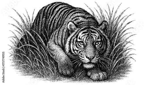 Tiger Sneaking Through Grass – Vintage Engraving Illustration of a Tiger in Low Stealthy Body Posture, Black and White Etching, Vector and PNG Isolated on Transparent Background