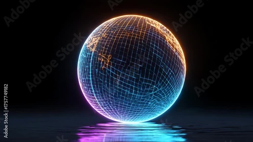 Glowing globe reflects futuristic digital world in dark setting