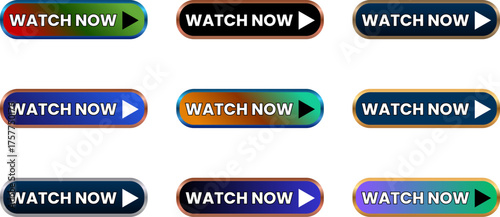 Watch Now Buttons Set Modern Gradient Glossy Style with Outlined Play Icon Transparent Background Ready to Use for Web Design Mobile Apps Marketing.