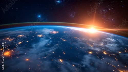Earth From Space With Bright Sunlight Over Horizon And Starry Sky