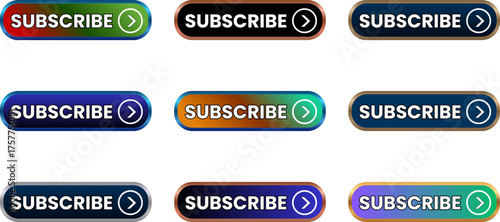 Subscribe Buttons Set Modern Gradient Glossy Style with Outlined Icon Right Arrow Transparent Background Ready to Use for Web Design Mobile Apps Marketing.