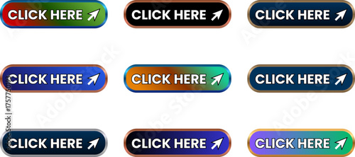 Click Here Buttons Set Modern Gradient Glossy Style with Outlined Icon Up Right Arrow Transparent Background Ready to Use for Web Design Mobile Apps Marketing.