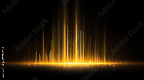 Abstract golden light rays forming vertical lines creating an energetic vibrant pattern against a dark background for dramatic visual impact