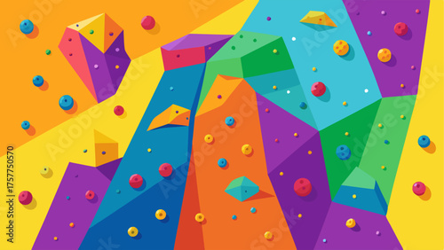 A brightly colored rock climbing wall with different routes for varying levels of difficulty.