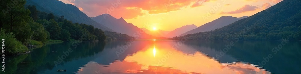 Obraz premium Serene Sunset Lake Tranquil Landscape Photography, Peaceful Mountains, Lush Green Trees, Vibrant Colors, Perfect for Wellness, Nature, and Relaxation Themes