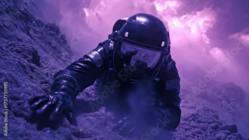 Spaceman in Futuristic Black Spacesuit Crawling Out of Murky Void on Strange Planet, Cosmic Atmospheric Scene Purple Color