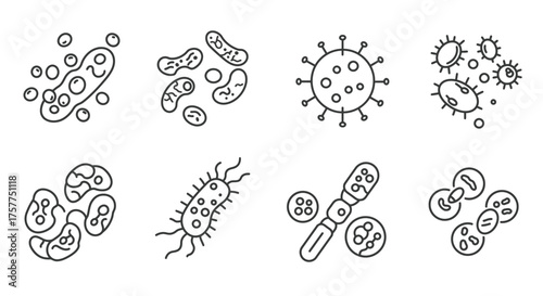 Illustrative depiction of various bacteria and virus structures in outline style