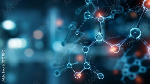 Advanced molecular network with luminous nodes represents progress in scientific research and digital transformation. Cutting edge visualization emphasizes connections in chemistry and biotechnology