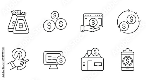 Financial icons depicting money transactions savings and digital payment methods