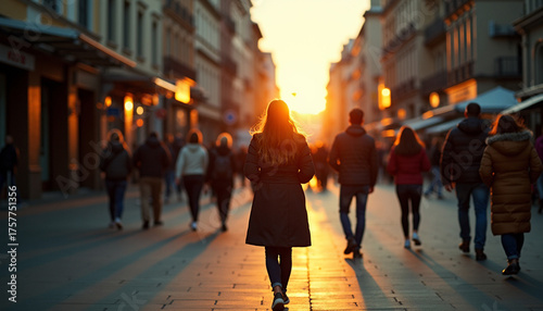 Evening Stroll in a Bustling Urban Street
