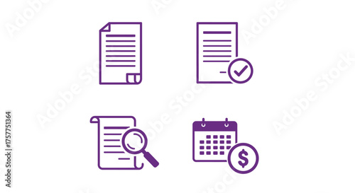 Document review checklist calendar and magnifying glass icons in purple design