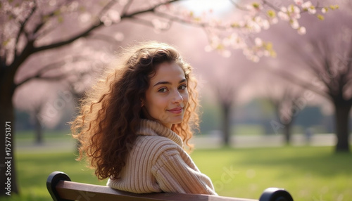 Young Woman Smiling in a Cherry Blossom Park