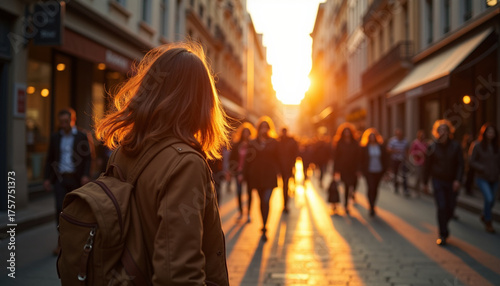 Sunset Stroll in a Bustling Urban Street