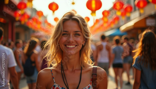 Joyful Woman in Festive Atmosphere