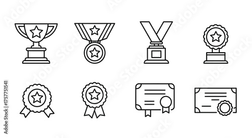 Collection of achievement awards and recognition icons in simple line design