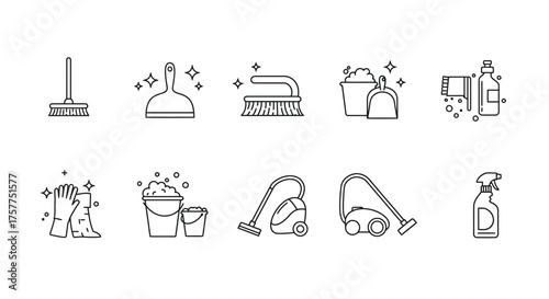 Collection of cleaning tools and supplies in simple line art style