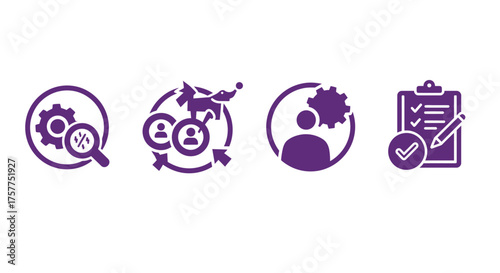 Four purple icons representing business concepts like analysis teamwork and planning
