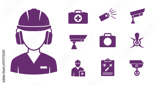 Construction worker safety icons with security systems and medical kit displayed