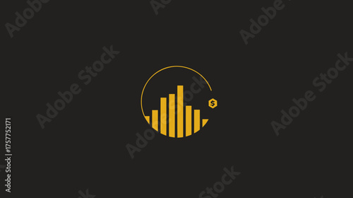Golden icon of a financial bar chart with a dollar sign, circle, and gray background