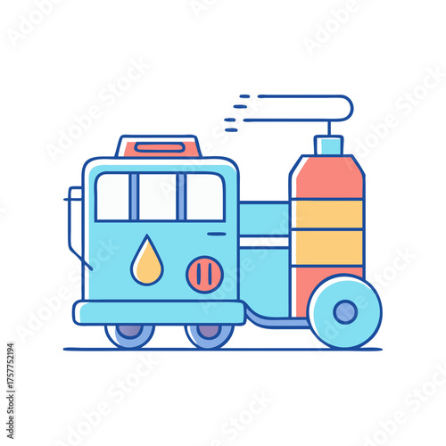 Cartoon illustration of a blue water tank truck spraying with clean water