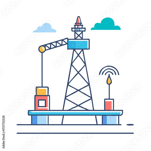 Cartoon illustration of offshore oil and gas drilling platform with clouds