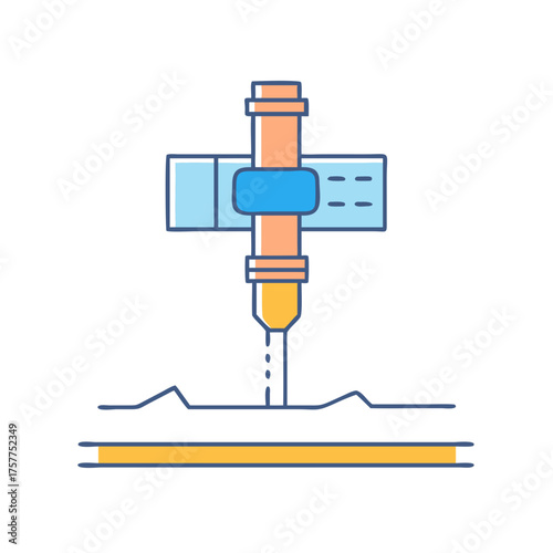 Schematic drawing depicting a specialized industrial machine engraving a precise design