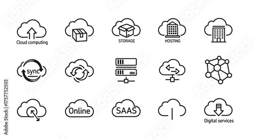 Illustrative set of cloud computing and digital services icons depicted