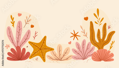 Colorful sea plants and starfish illustration with a soft background for marine-themed designs
